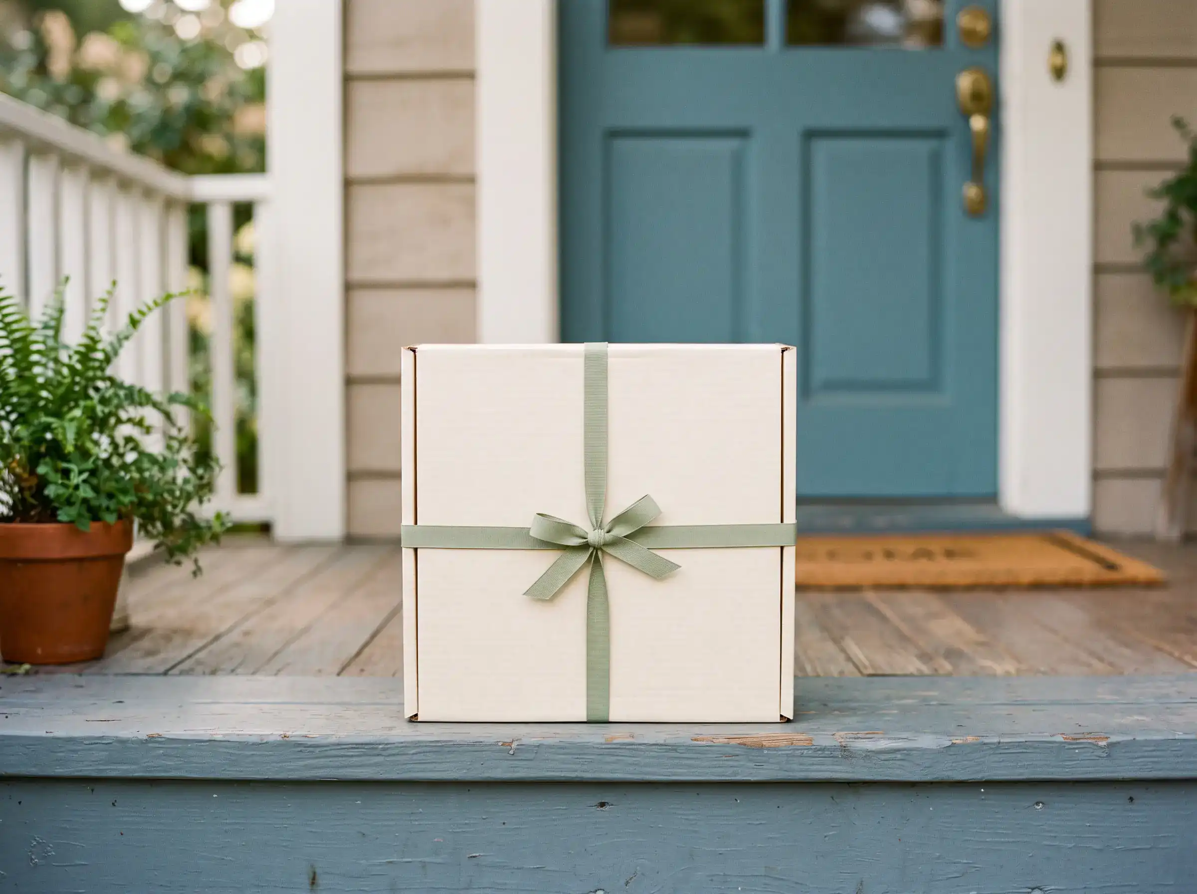 A discreet, unbranded shipping package delivered to a front doorstep