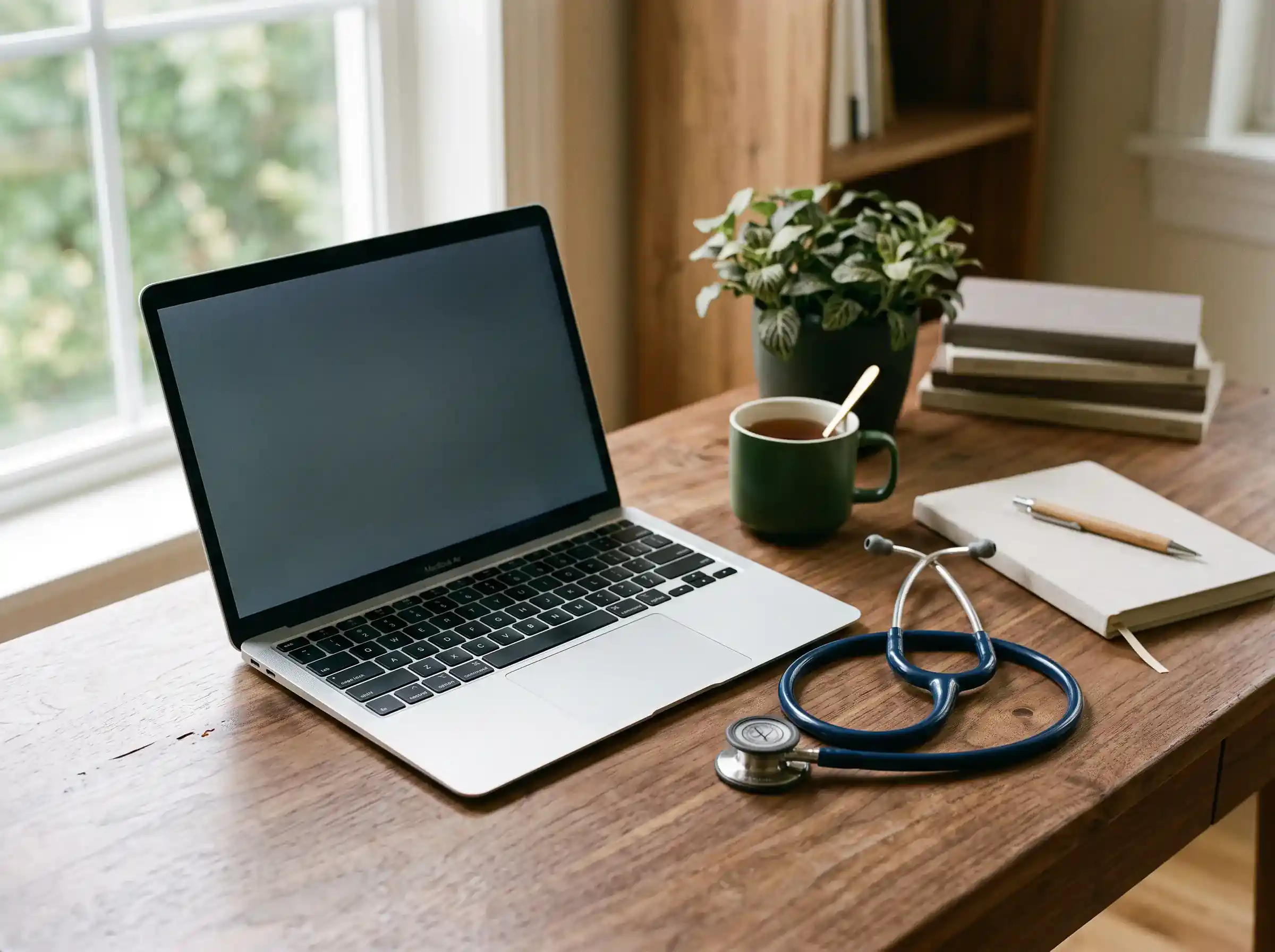 Stethoscope resting beside an open laptop on a desk, representing licensed clinical review behind every prescription