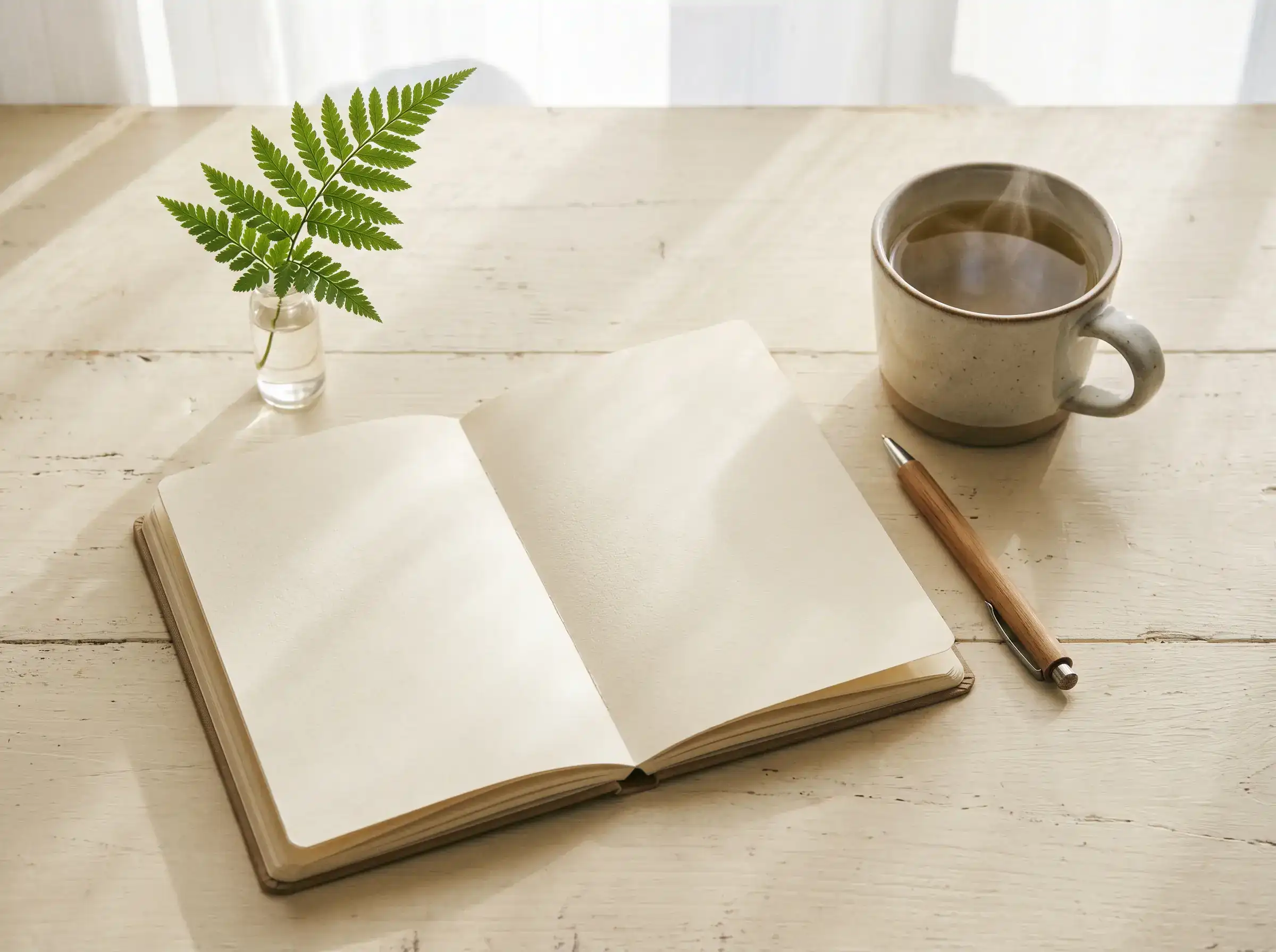 Overhead photograph of a notebook, tea, and a small plant, representing getting-started education