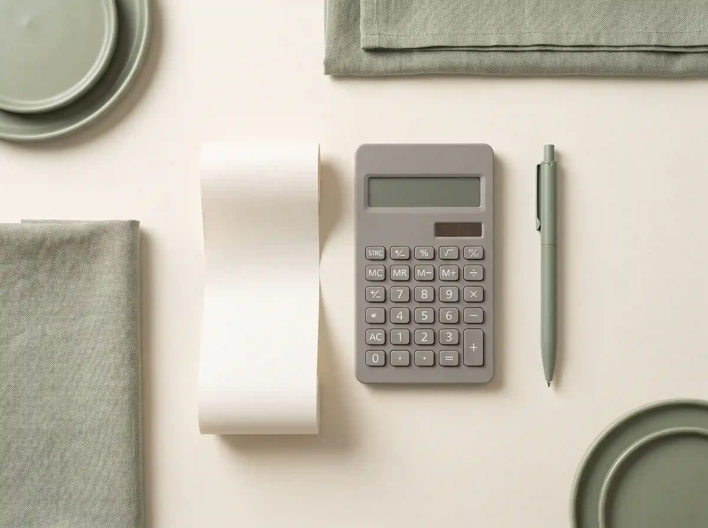 Calculator, blank receipt, and pen arranged neatly on a desk