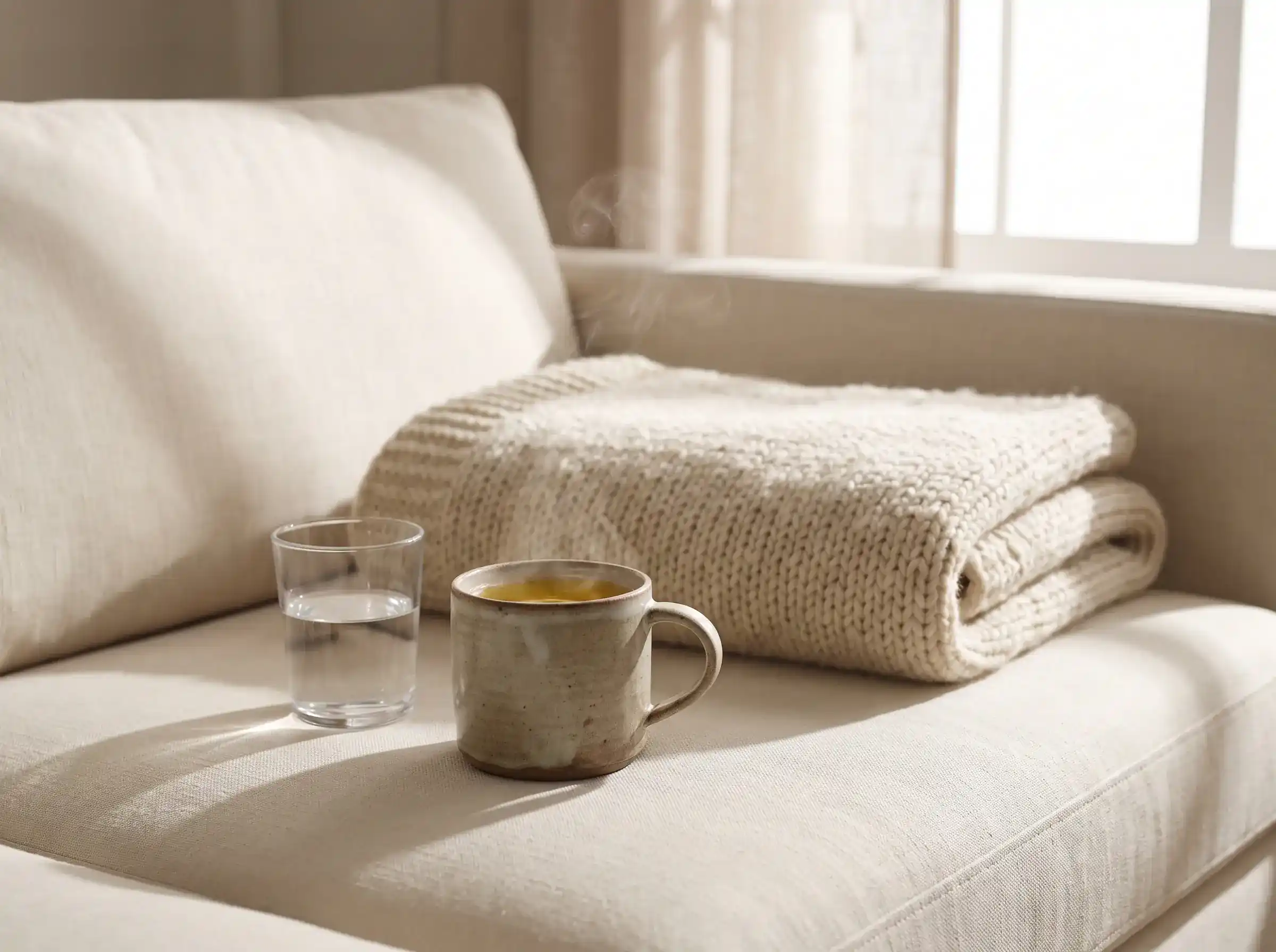 Warm mug of tea, glass of water, and a soft blanket on a sofa