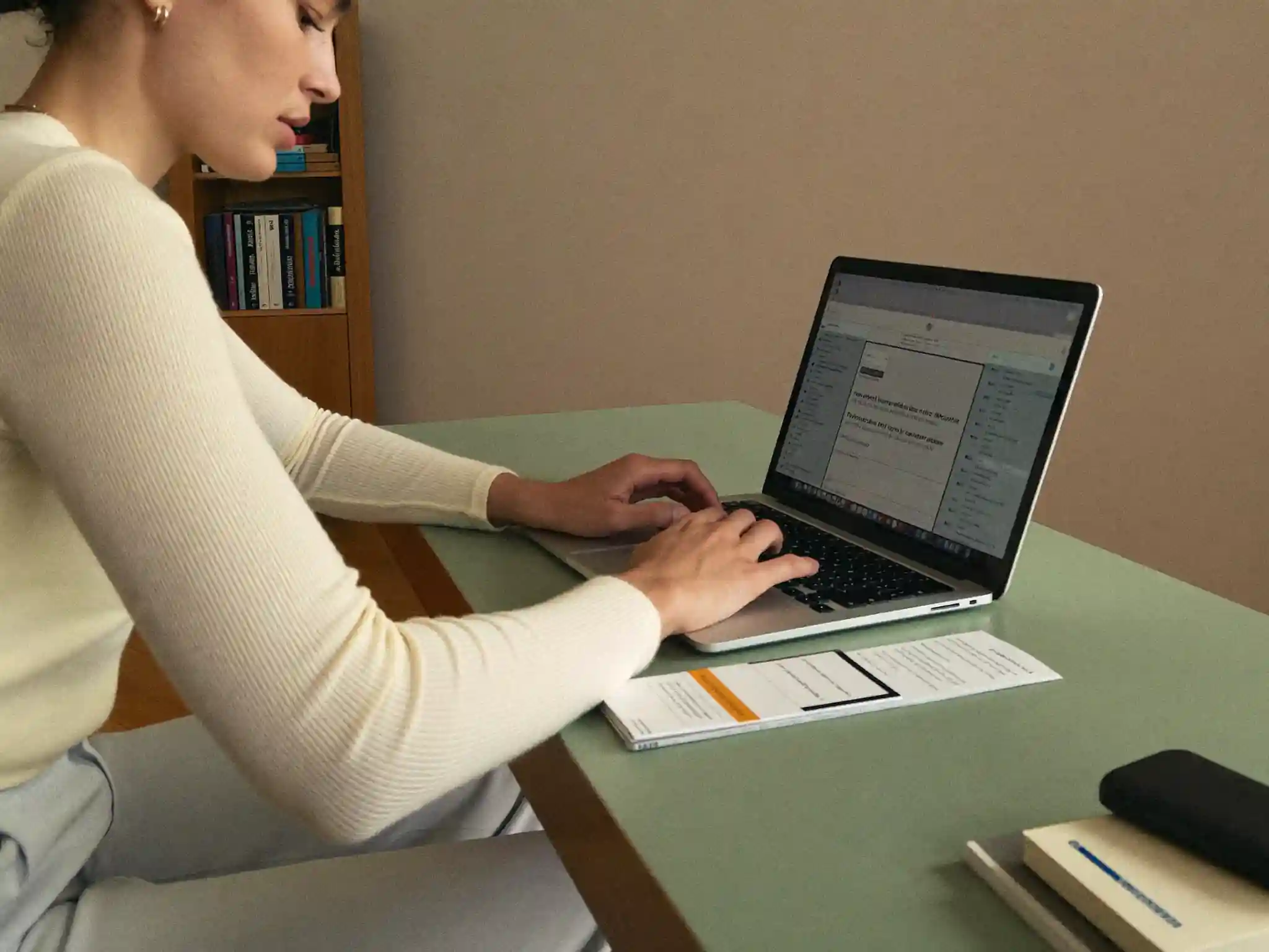 Adult calmly filling out a simple form on a laptop at a home desk