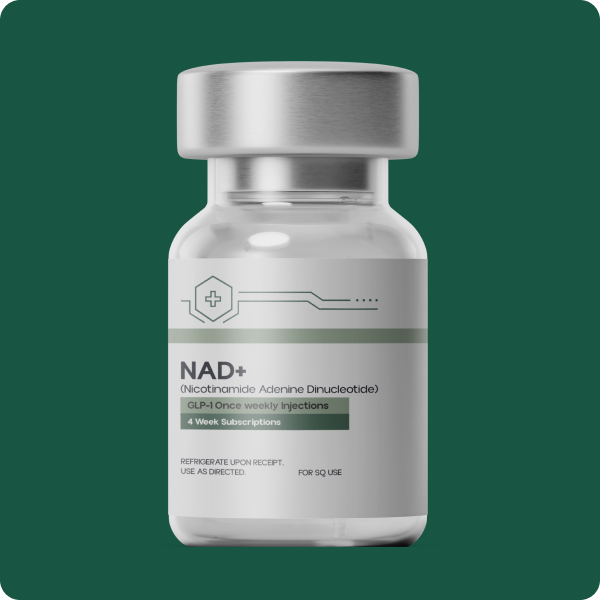 Healthy Path Rx branded medication vial labeled NAD+, 1000mg per vial, on a forest green background