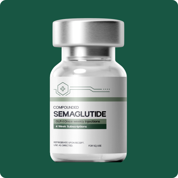 Healthy Path Rx branded medication vial labeled Compounded Semaglutide+, 12mg per vial, on a forest green background
