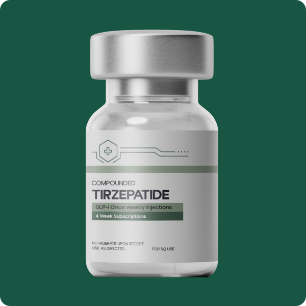 Healthy Path Rx branded medication vial labeled Compounded Tirzepatide+, 12mg per vial, on a forest green background