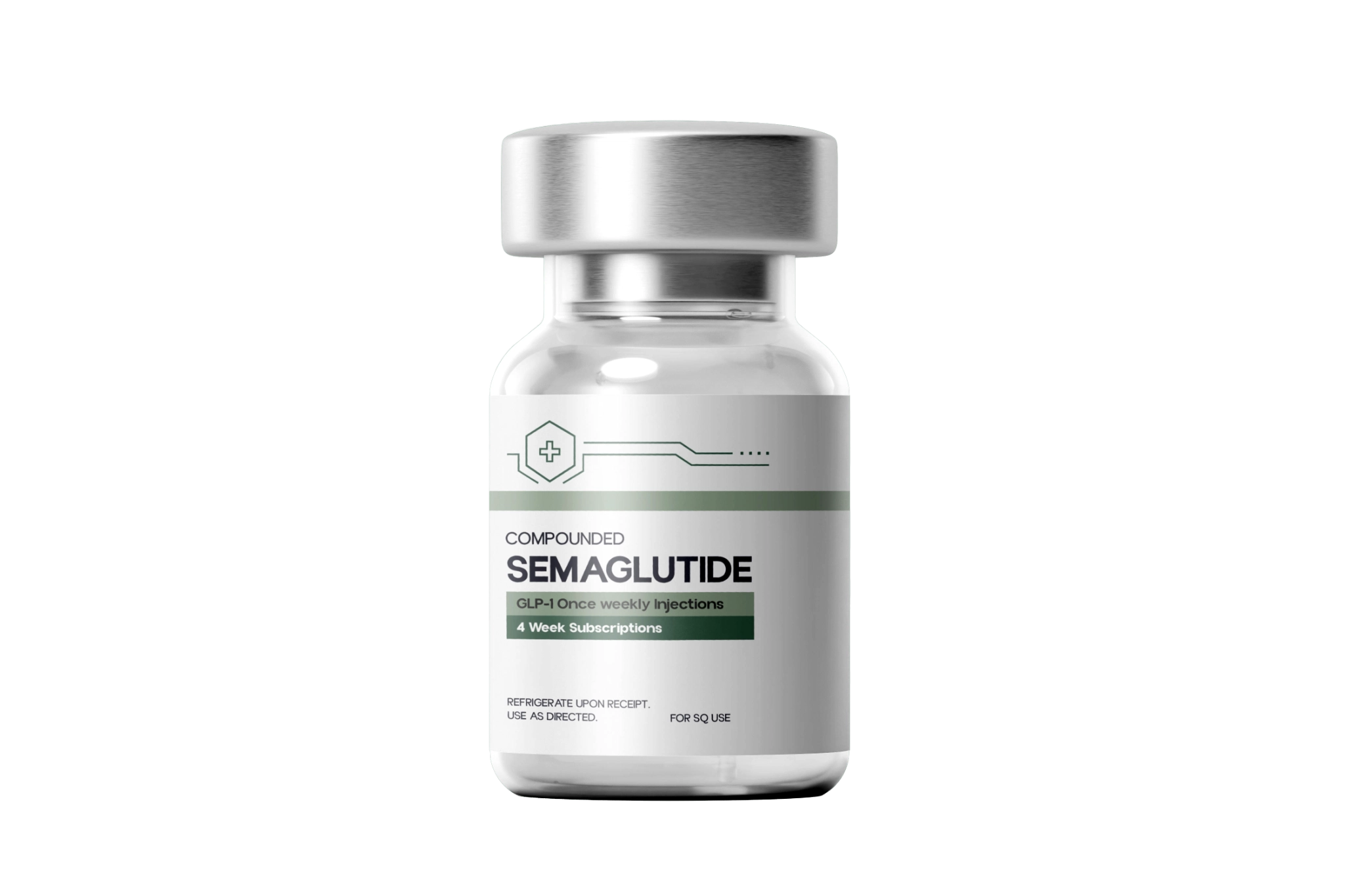 Healthy Path Rx branded medication vial labeled Compounded Semaglutide+, 12mg per vial, on a forest green background