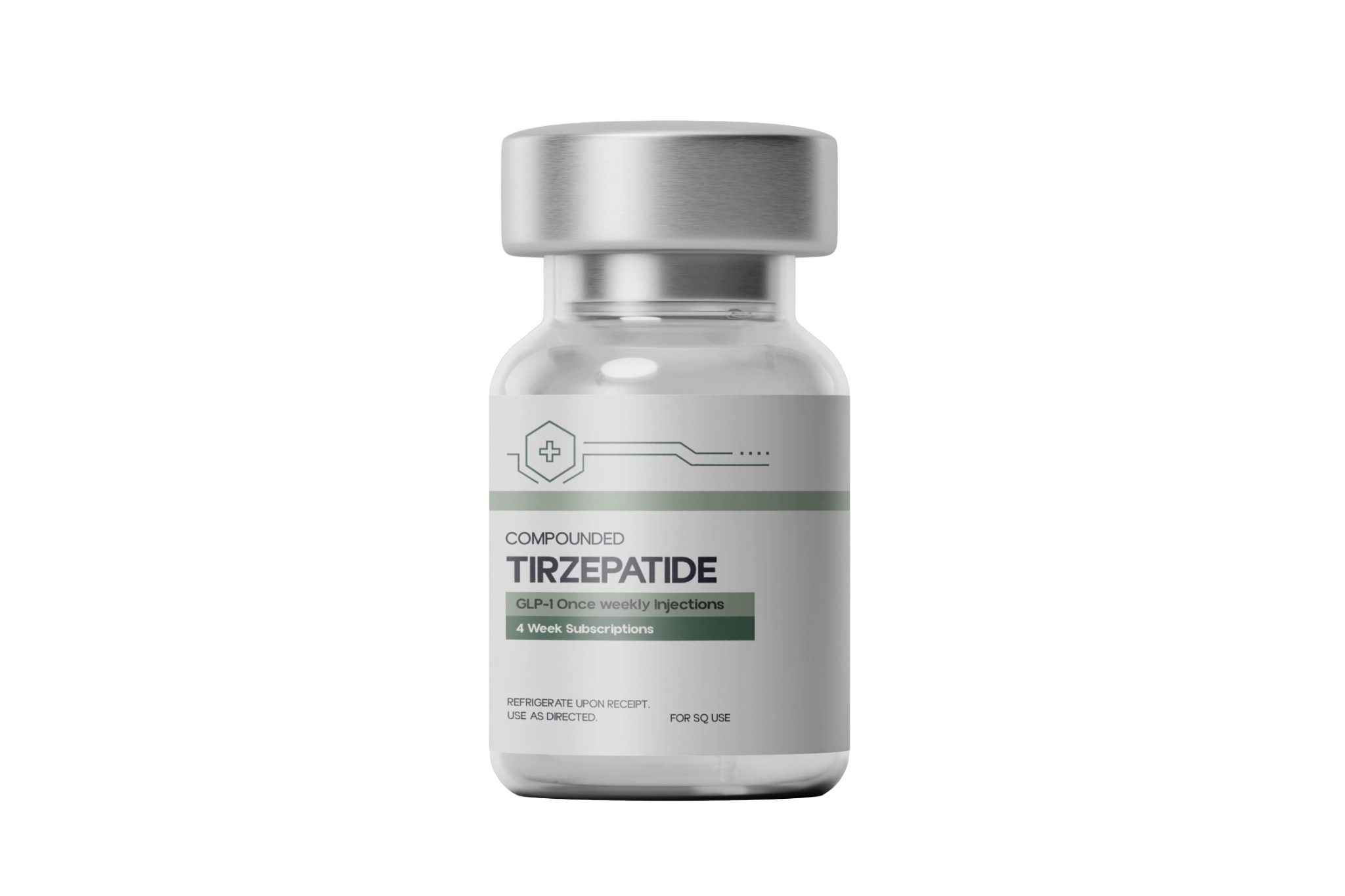 Healthy Path Rx branded medication vial labeled Compounded Tirzepatide+, 12mg per vial, on a forest green background
