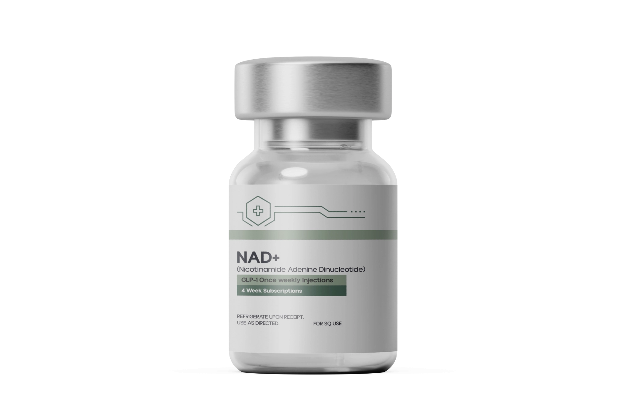 Healthy Path Rx branded medication vial labeled NAD+, 1000mg per vial, on a forest green background